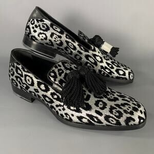 JIMMY CHOO Size 7 Silver Black Medusa Jacquard Tassels Loafers